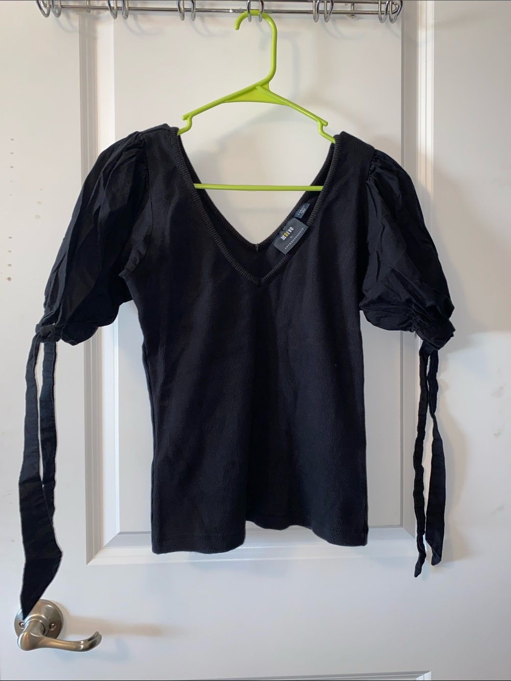 Maeve by Anthropologie Black Puff Sleeve Ribbed Top - Size XS